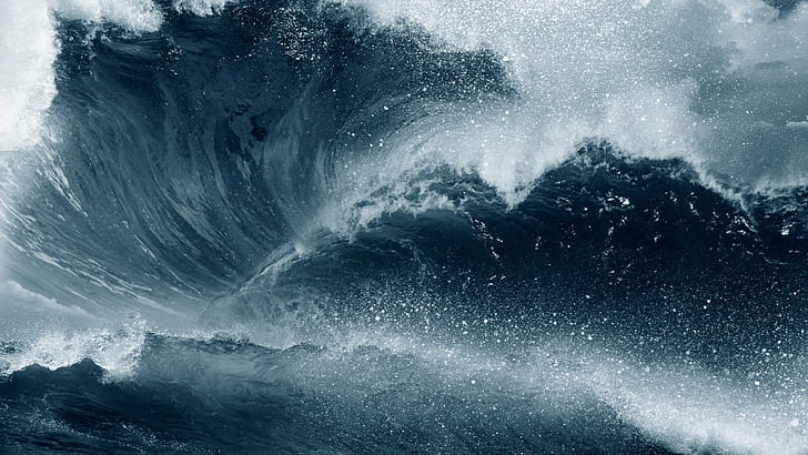 waves, sea, blue, splashes, water, HD wallpaper
