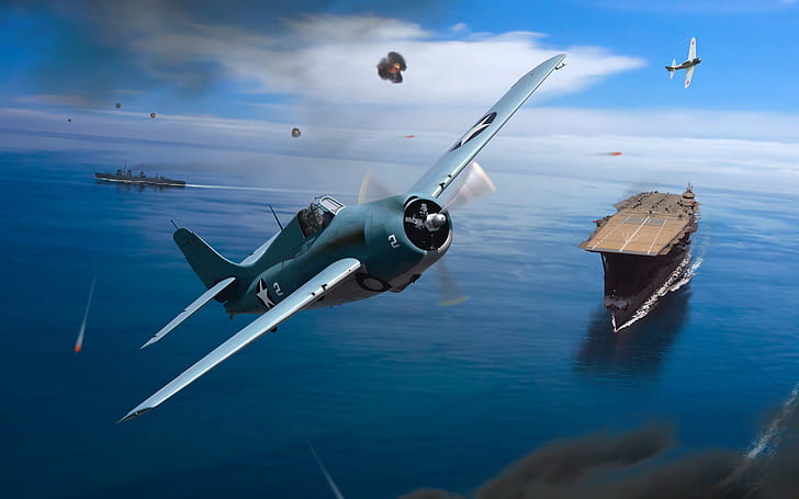 World War II, art drawing, fighter, aircraft carrier, sea, sky