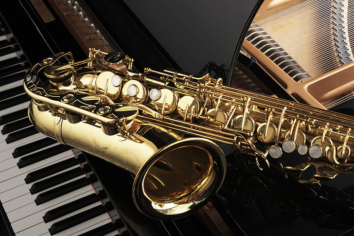 gold saxophon, music, keys, tool, piano, plan, musical, saxophone