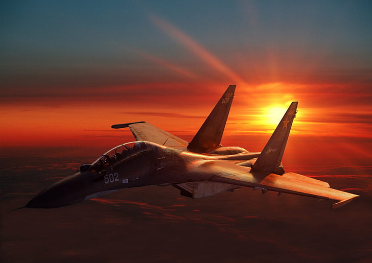 Jet Fighters, Sukhoi Su-30, Sunset, air vehicle, airplane, sky, HD wallpaper