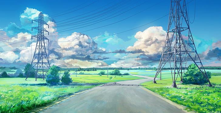 visual novel, blue, utility pole, road, artwork, power lines