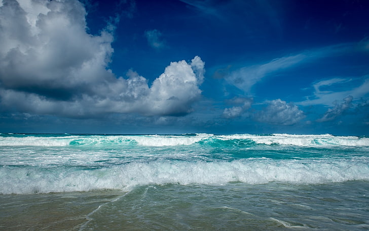 blue sea wave, nature, landscape, beach, waves, clouds, sky, Seychelles, HD wallpaper