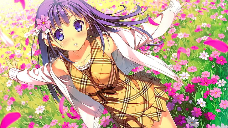 anime, anime girls, Kantoku, flowers, field, hair ornament, HD wallpaper