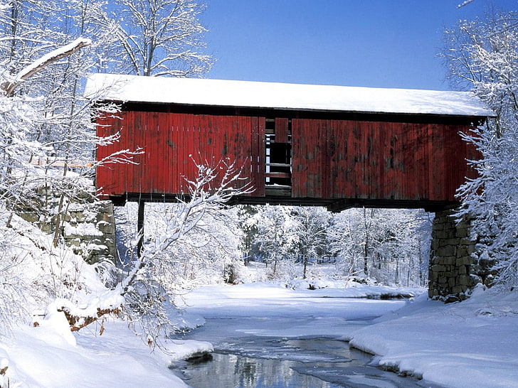 landscape, bridge, river, winter, red, white, Vermont, cold temperature, HD wallpaper