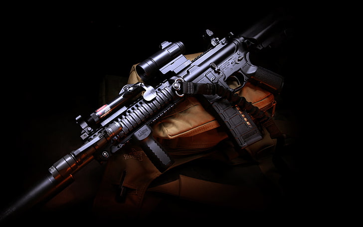 black assault rifle, weapons, gun, bag, twilight, muffler, hd wallpaper, HD wallpaper