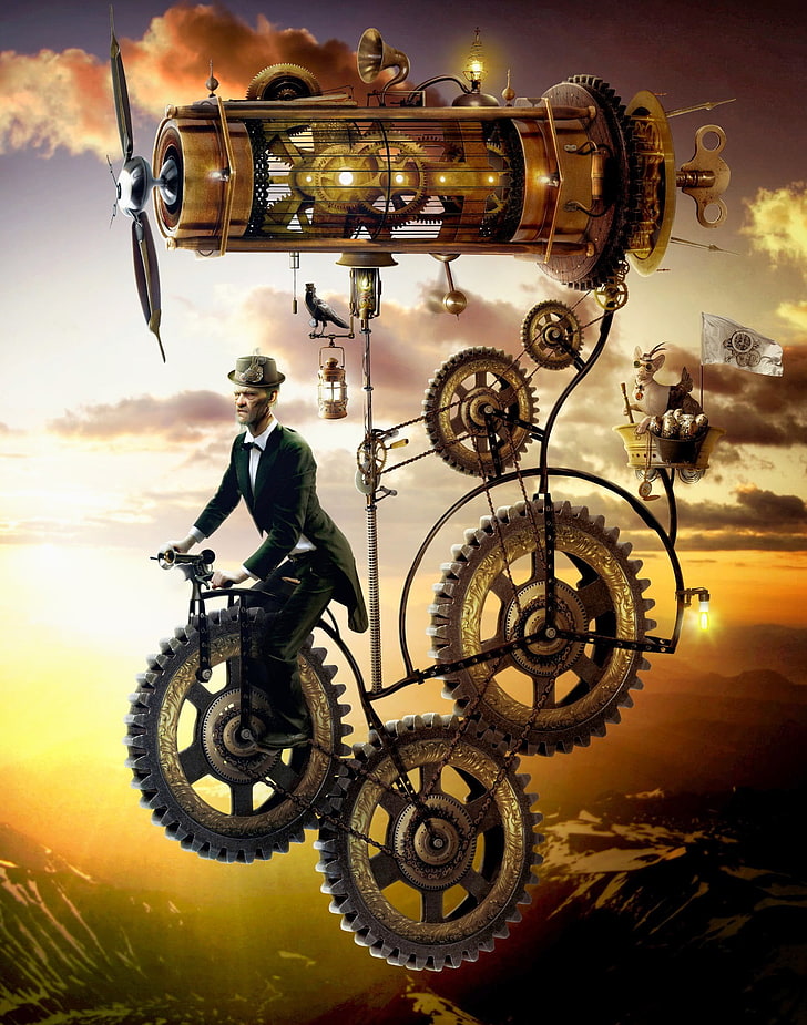 man ride-on mechanical bicycle with aircraft cover, steampunk