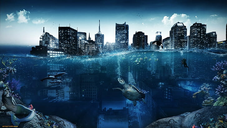 sunken cities water turtle divers split view skyscraper coral dolphin fish digital art mermaids, HD wallpaper