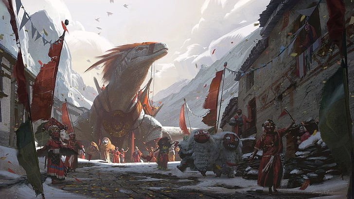 grey dragon illustration, fantasy art, architecture, built structure