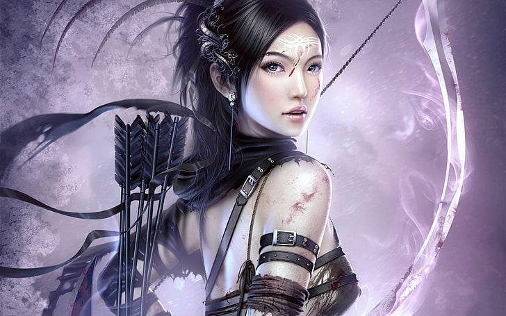 fantasy art, archer, bow, arrows, fantasy girl, one person