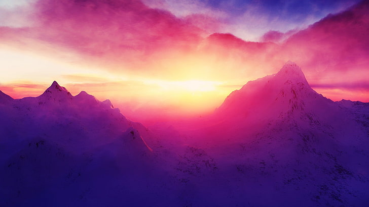 summit painting, mountains, sunlight, landscape, snow, nature, HD wallpaper