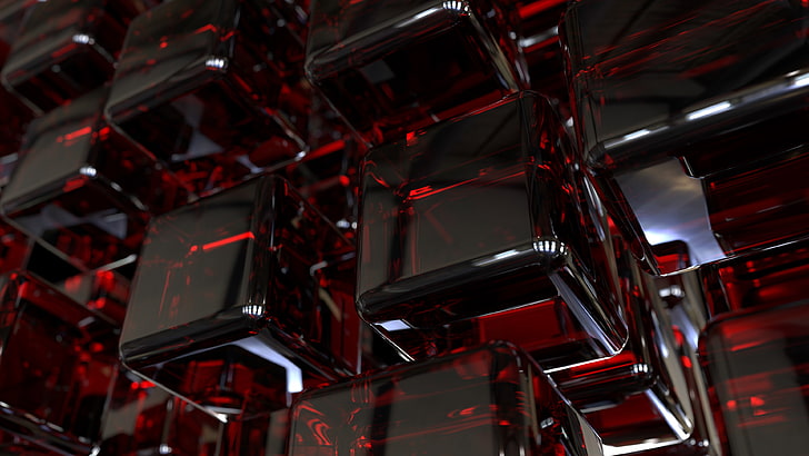 CGI, 4K, Cubes, Dark, red, no people, indoors, full frame, close-up