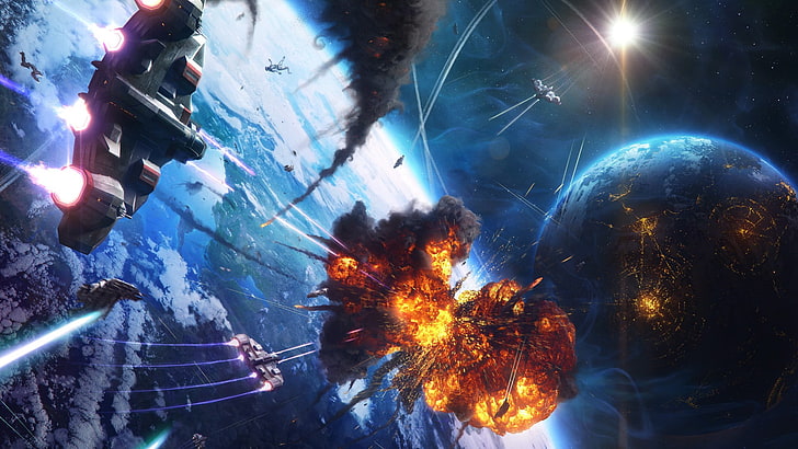 spacecraft digital wallpaper, explosion, spaceship, planet, battle