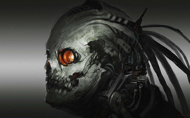 skull, robot, cyborg, artwork, science fiction, art and craft, HD wallpaper