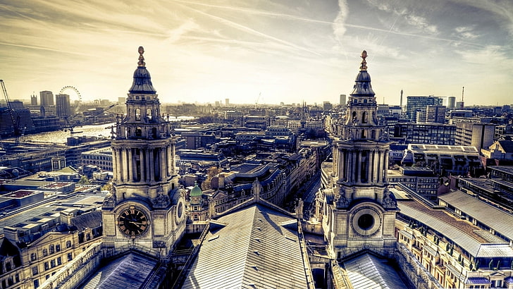 twin tower digital wallpaper, cathedral, rooftops, London, St. Paul's Cathedral