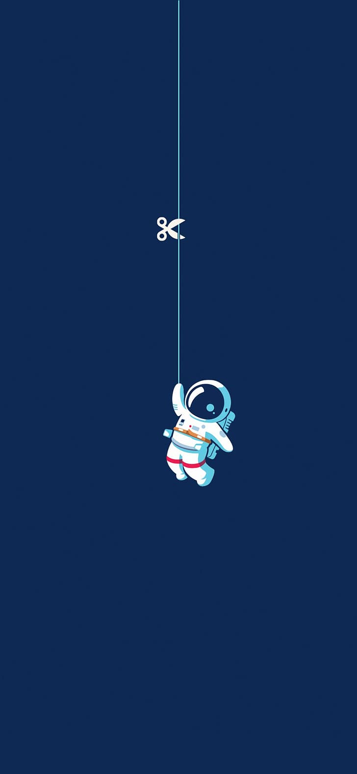 vertical, astronaut, scissors, simple background, blue background