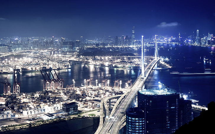 Hong Kong, cityscape, artificial lights, Stonecutters Bridge, HD wallpaper