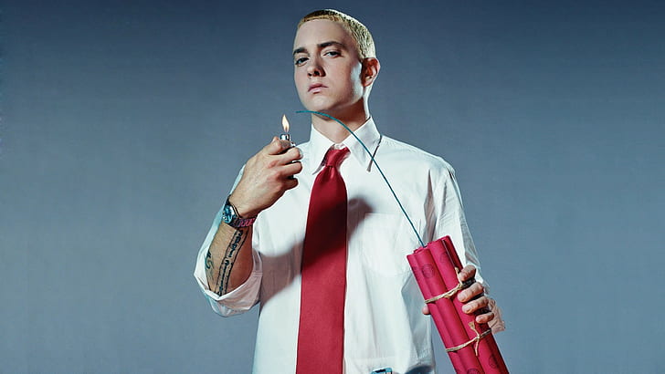 Eminem, Dynamite, lighter, tattoo, men, singer, blue background, HD wallpaper