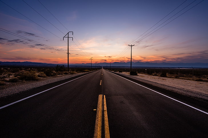 concrete road, sunset, desert, clouds, sky, transportation, the way forward, HD wallpaper