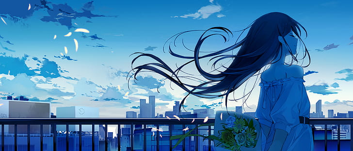 anime, anime girls, sky, blue, closed eyes, long hair, flowers, HD wallpaper