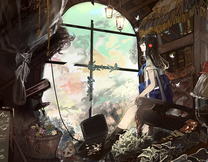 HD wallpaper: anime girl, headphones, closed eyes, listening music, teddy  bear | Wallpaper Flare