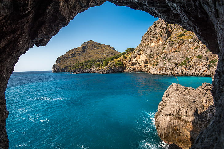 nature, water, rock, cave, sea, coast, clear sky, horizon, HD wallpaper