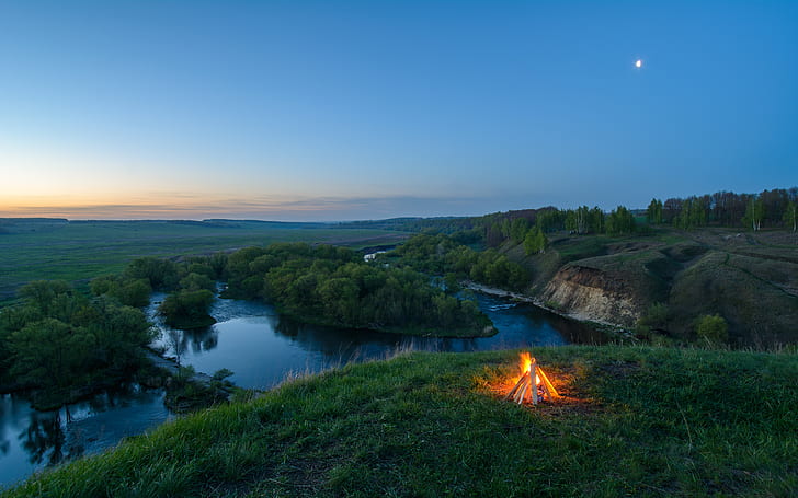 The 4am Campfire, blue, campfires, dawn, green, landscape, long‑exposure, HD wallpaper