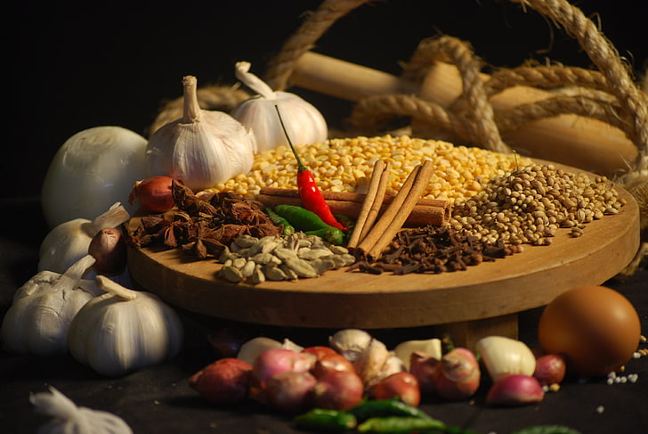garlic and spices, grain, seasonings, pepper, rope, food, vegetable, HD wallpaper