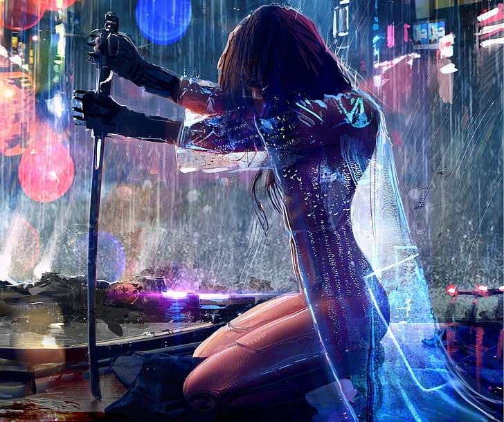 women warrior artwork sword rain cyberpunk cyberpunk 2077