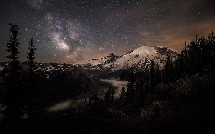 mountains, galaxy, snowy peak, landscape, starry night, forest, HD wallpaper