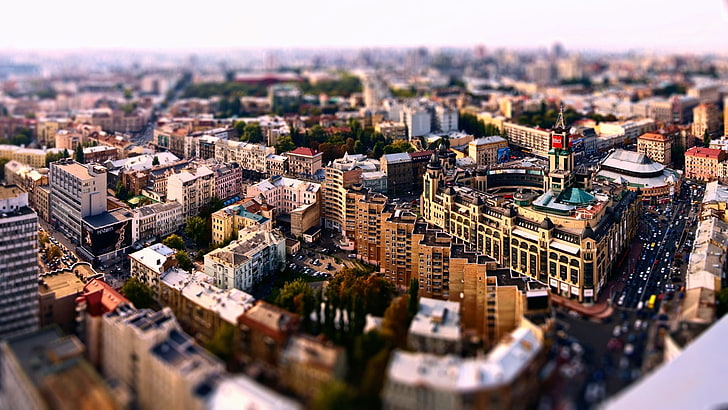 tilt shift photography of buildings, high rise building aerial photography, HD wallpaper