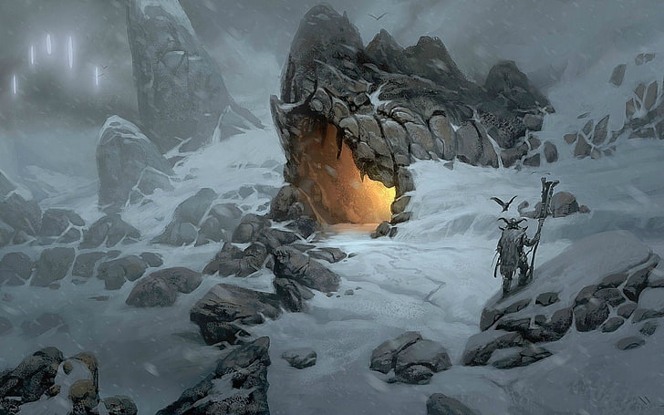 gray cave wallpaper, Vikings, fantasy art, snow, winter, cold temperature, HD wallpaper
