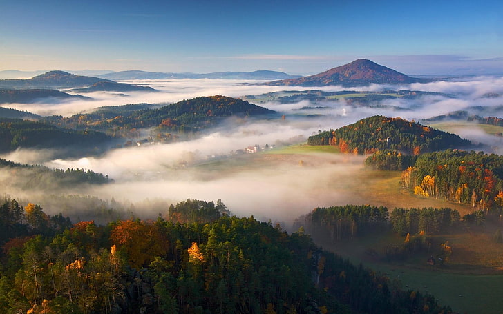 green mountain, nature, landscape, mist, fall, mountains, forest, HD wallpaper