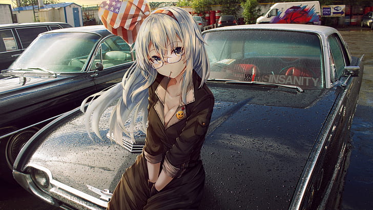 girl wearing black coat sitting on black vehicle hood, anime girls