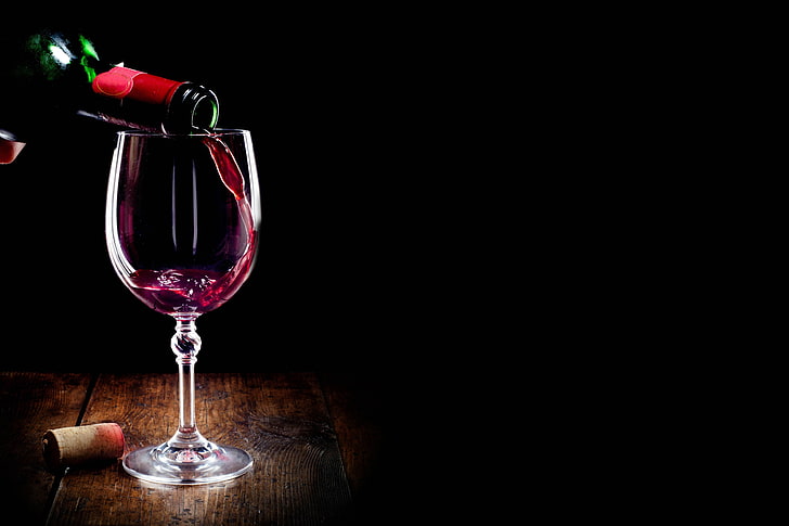 clear wine glass, red, bottle, tube, black background, alcohol, HD wallpaper