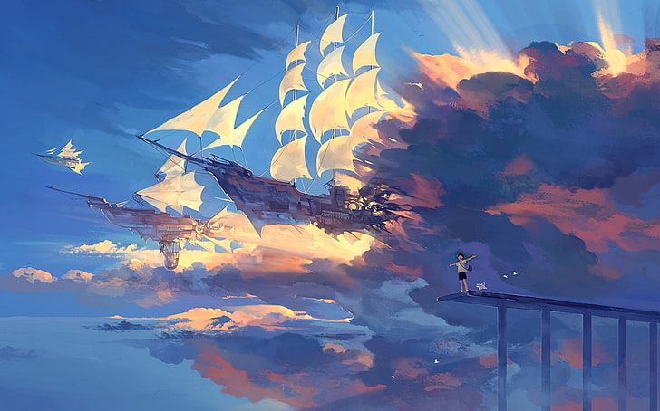 airships, clouds, fantasy art, sky, cloud - sky, real people