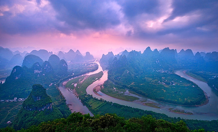 body of water, landscape, river, nature, mountains, China, sunset