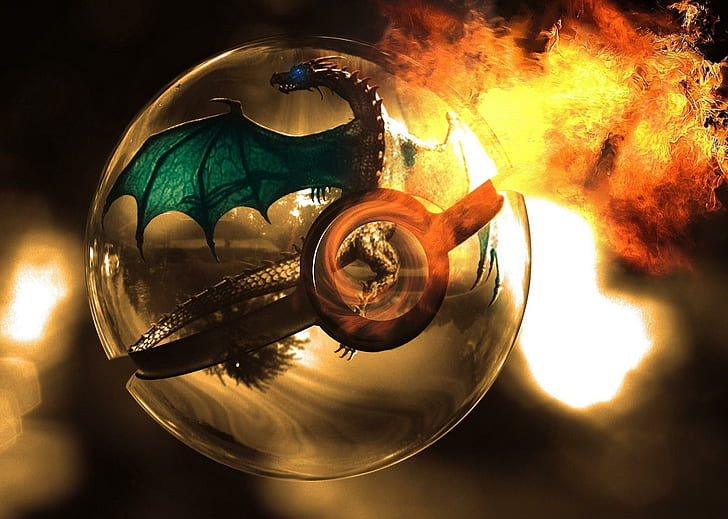 Trapped, dragon, ball, fire, 3d and abstract, HD wallpaper