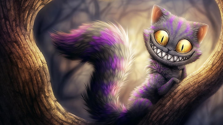 gray cat illustration, Alice in Wonderland, Cheshire Cat, artwork