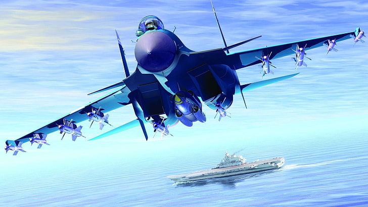 gray Sukhoi Su-27 fighter jet, sea, graphics, missiles, art, the carrier, HD wallpaper