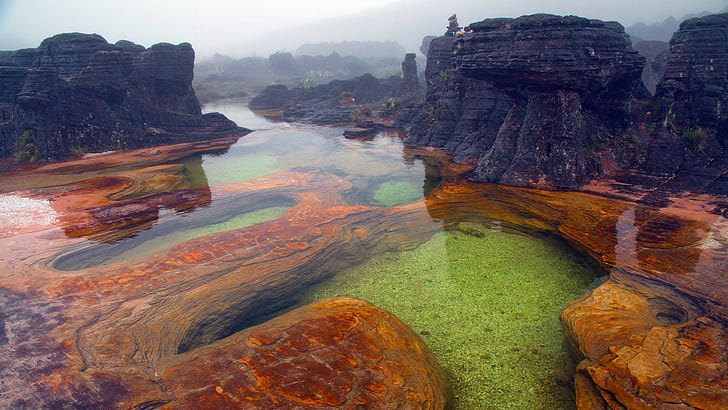 nature landscape mount roraima venezuela mountains water rock reflection mist, HD wallpaper