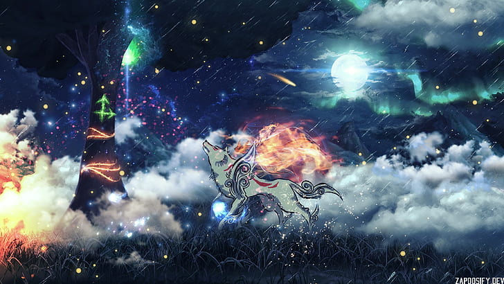 Moon, artwork, aurorae, wolf, Okami, grass, trees