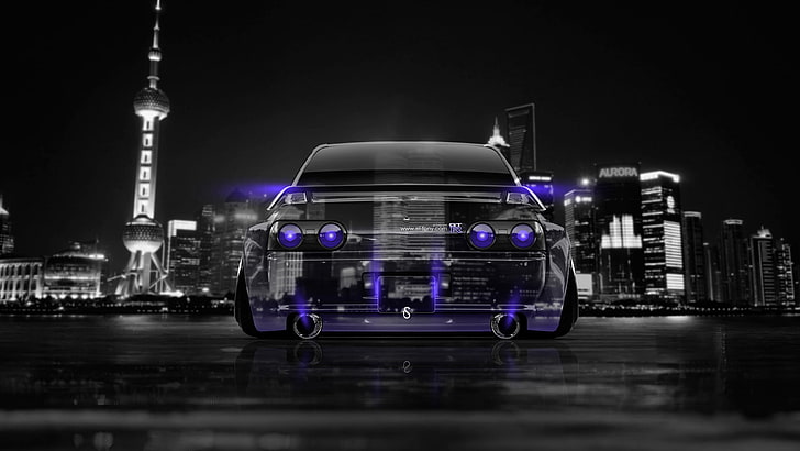 black Nissan Skyline, Night, The city, Neon, Style, GTR, Purple, HD wallpaper