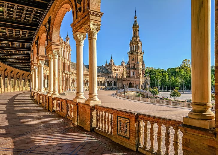 tower, area, columns, architecture, Spain, Seville, Plaza of Spain, HD wallpaper
