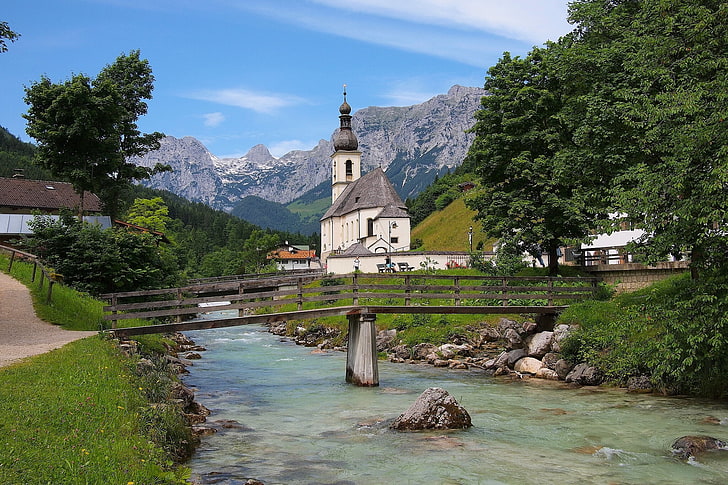 mountains, bridge, river, Germany, Bayern, Alps, Church, Bavaria