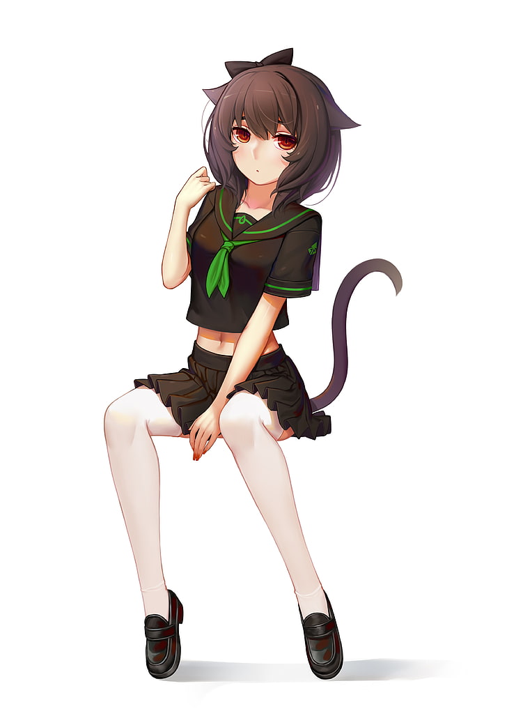 anime, women, simple background, animal ears, stockings, thigh-highs
