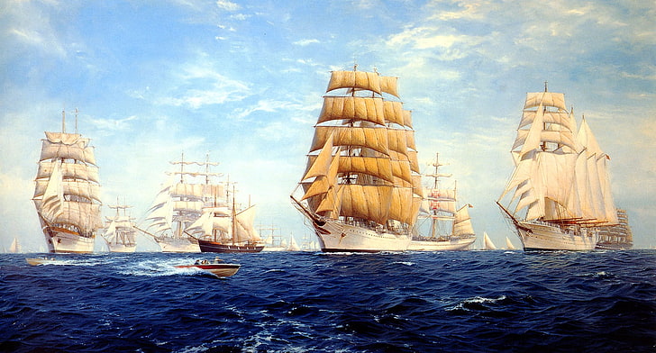 sailing ship, sea, artwork, nautical vessel, sky, sailboat
