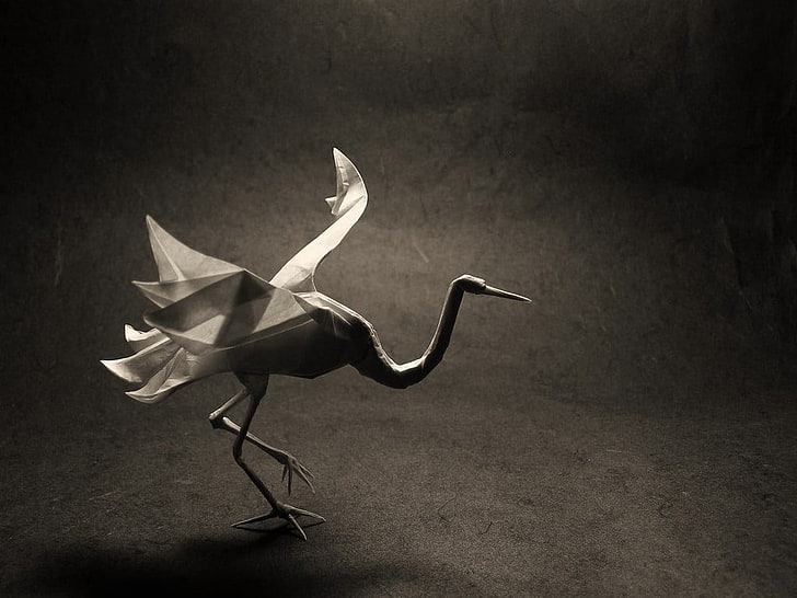 white origami crane, animals, birds, artwork, paper, no people