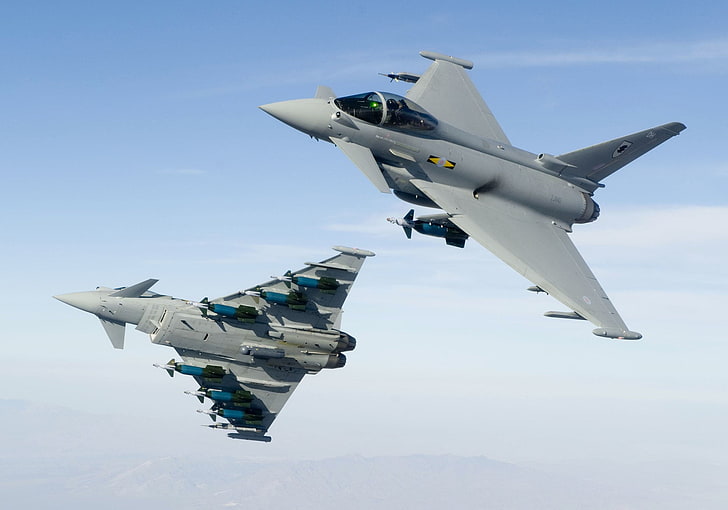 two gray fighter jets, Jet Fighters, Eurofighter Typhoon, Thyhoon