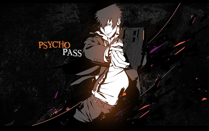 anime, Psycho-Pass, text, communication, night, high angle view