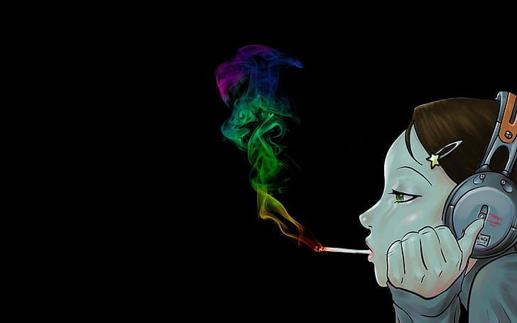 anime, Anime Girls, black background, cigarettes, Colored Smoke